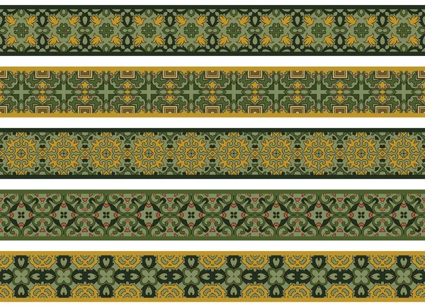 Conjunto Cinco Bordas Decorativas Ilustradas Feitas Elementos Abstratos Bege Verde — Vetor de Stock