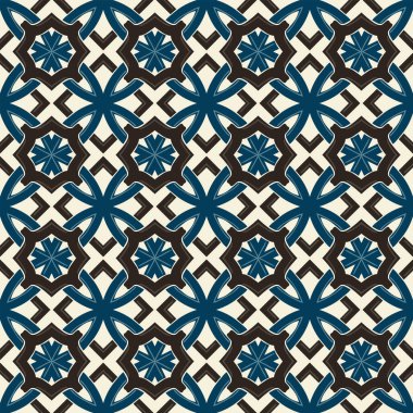 Bej, kahverengi ve mavi renkli soyut elementlerden yapılmış kusursuz çizilmiş desen