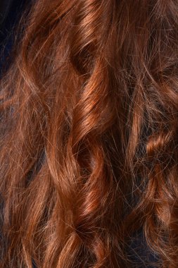 A full-frame, close-up shot captures the texture of long, shiny, reddish-brown, wavy, and curly hair