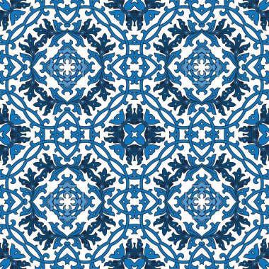 Bir kare, pürüzsüz arkaplan deseni zarif mavi ve beyaz yaprak ve iç içe geçmiş geometrik elementlerin tekrarlayan simetrik dizaynını içerir.