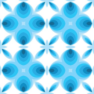 Kare, pürüzsüz arkaplan deseni, çeşitli mavi ve beyaz tonlarında, katmanlı, modern geometrik çiçek şekillerinin tekrarlayan simetrik tasarımını içerir.