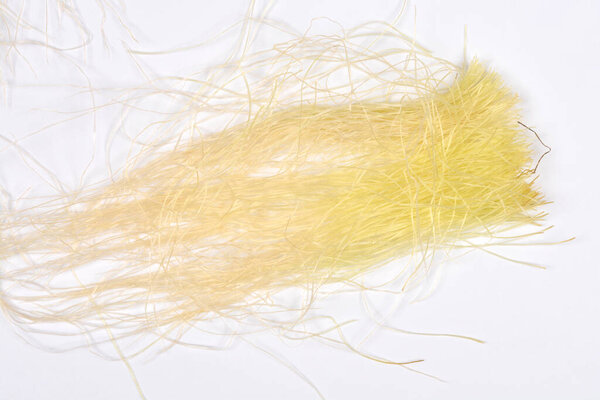 Крупный план снимает запутанный пучок светло-желтого до белого кукурузного шелка, или стигмы, на твердом светло-сером фоне