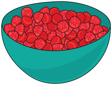 Kırmızı ahududu şekilli sert şekerler ya da jöleli şekerlerle dolu bir deniz mavisi kasesini gösteren bir vektör çizimi