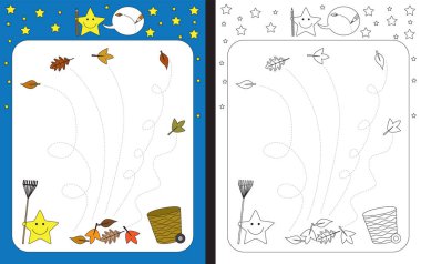 İnce motor becerilerini geliştirmek için okul öncesi çalışma çizelgesi. Yapraklardan yere kadar kesik çizgiler.