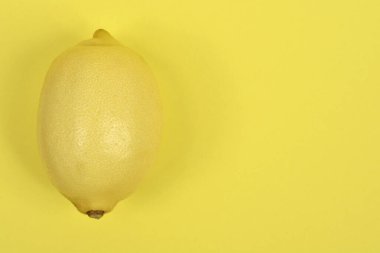Tek bir soluk sarı limon meyvesi, parlak sarı bir arka fonun sol tarafında, yüksek bir açıyla çekiliyor.