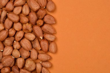 Çerçevenin sol yarısını yoğun kabuklu ve derili fındık yığını kaplar ve sağ tarafta açık kahverengi-turuncu kopya alanı bırakır.