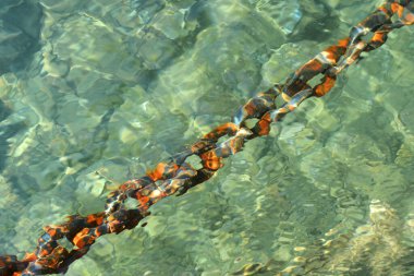 Tepeden çekilen soyut bir çekim paslanmış metal bir zinciri yakalar ve sığ suyun berrak, dalgalı yüzeyi tarafından bozulur.