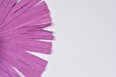 Mor keçeli kumaş şeritler temiz beyaz arkaplandaki fan şeklinde dizilmiş ve desenli bir kompozisyon oluşturmuş.
