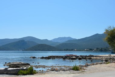Peljesac yarımadasındaki Drace kıyı kasabasından güneydoğuya bakan yeşil tepelere ve mavi Adriyatik sularına bakan manzaralı bir manzara.