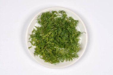 Beyaz arka planda izole edilmiş küçük beyaz bir seramik tabakta servis edilen taze doğranmış yeşil dereotunun yukarıdan görünüşü