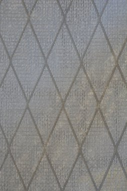 Yarı şeffaf ağ vasıtasıyla görülebilen elmas desenli metal çitlerin olduğu gri plastik bir inşaat güvenlik ağının düz bir görüntüsü.