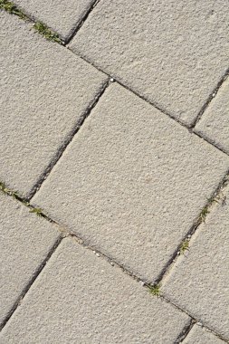 Gri kare kaldırım levhalarının köşegen yüksek açılı görüntüsü ve desenli beton yüzeyler arasındaki boşluklarda büyüyen küçük yeşil otlar.