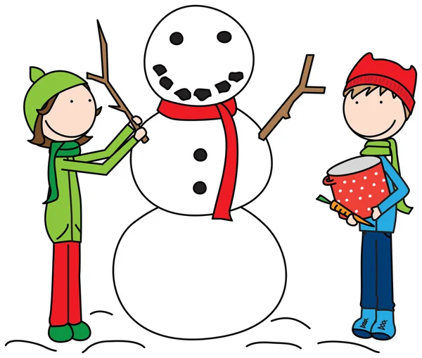 Ευτυχής παιδιά κτίριο έναν χιονάνθρωπο — Διανυσματικό Αρχείο