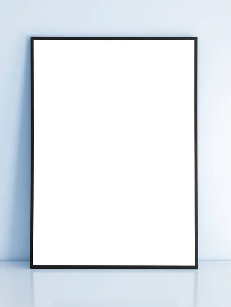 Dunne Zwarte Mock Frame Tafel Met Blauwe Wand — Stockfoto