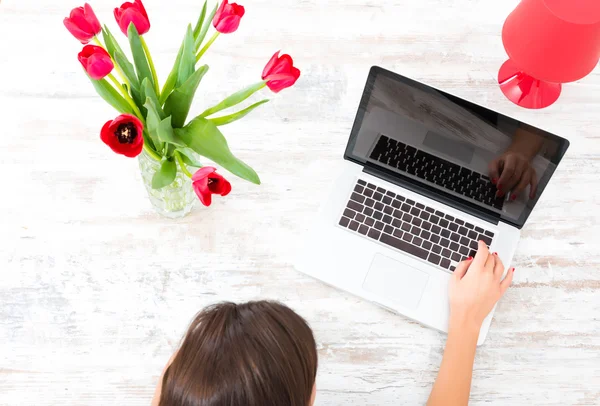 Junge schöne Frau mit einem Laptop zu Hause — Stockfoto