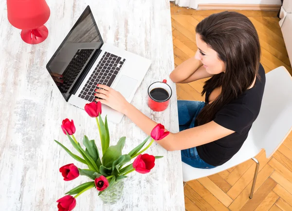 Junge schöne Frau mit einem Laptop zu Hause — Stockfoto