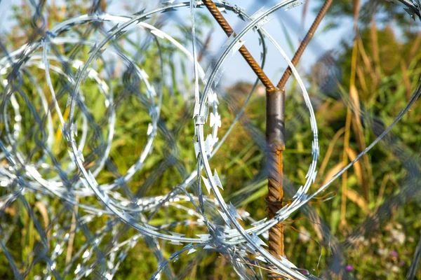 Fil barbelé de la clôture protégeant la frontière entre la Hongrie un — Photo