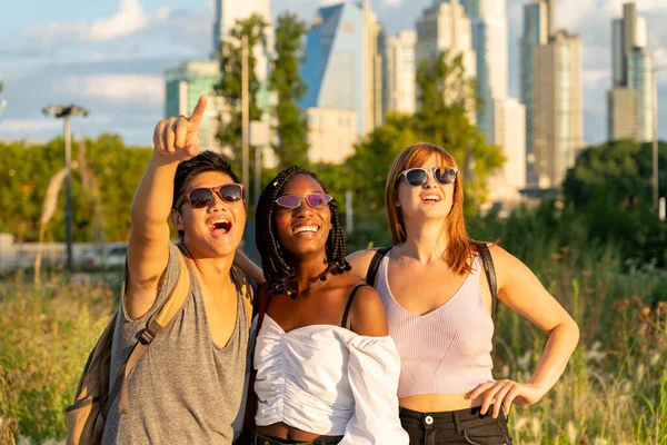 Grupo feliz de amigos em um parque — Fotografia de Stock