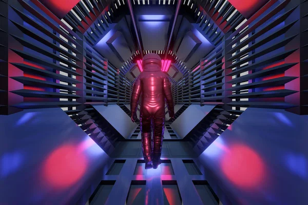 Um astronauta num túnel futurista — Fotografia de Stock