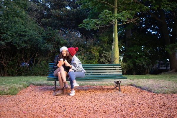Amigas divirtiéndose sentadas en un parque — Foto de Stock