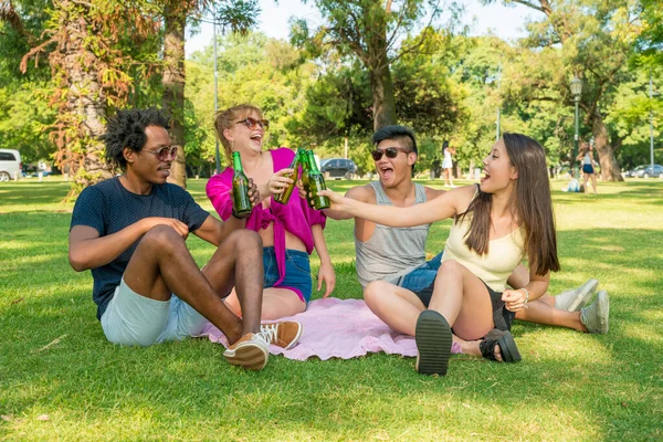 Amigos tomando cerveza en un parque en verano Imagen De Stock
