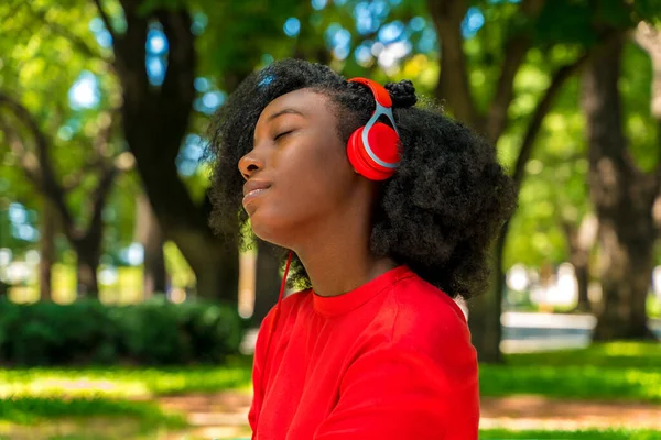 Uma mulher ouvindo música nos fones de ouvido em um parque — Fotografia de Stock