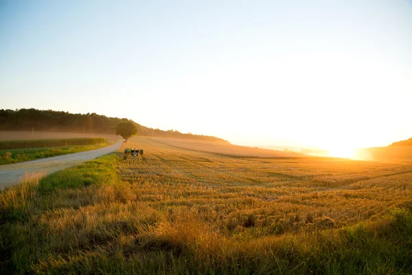 Puesta de sol sobre un campo cosechado — Foto de Stock