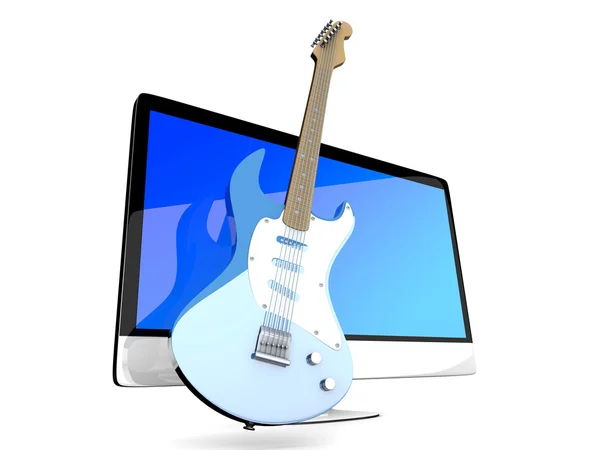 Ein All-in-One-Computer mit einer Gitarre — Stockfoto