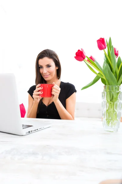 Junge schöne Frau mit einem Laptop zu Hause — Stockfoto