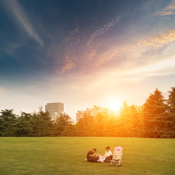 Familien på plenen. – stockfoto