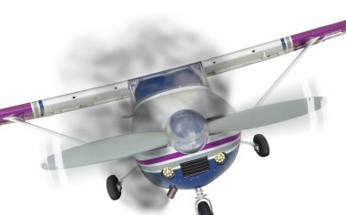 Cessna 172 açık beyaz motorundan gelen duman ile