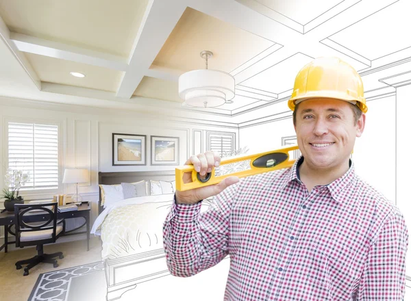 Contractor in Hard Hat Over Custom Bedroom Drawing and Photo — Stock Photo, Image