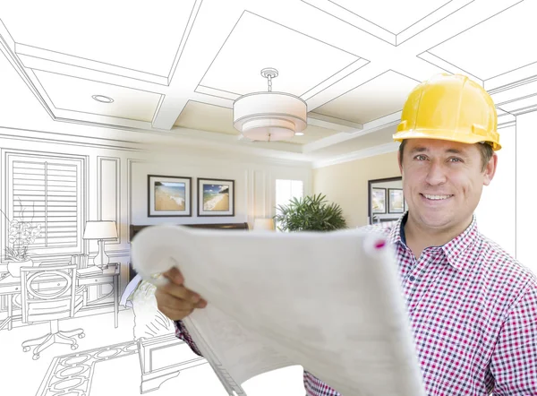 Aannemer in Hard Hat Over aangepaste slaapkamer tekening en foto — Stockfoto