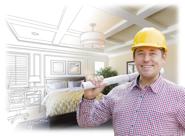 Contractor in Hard Hat Over Custom Bedroom Drawing and Photo — Stock Photo, Image