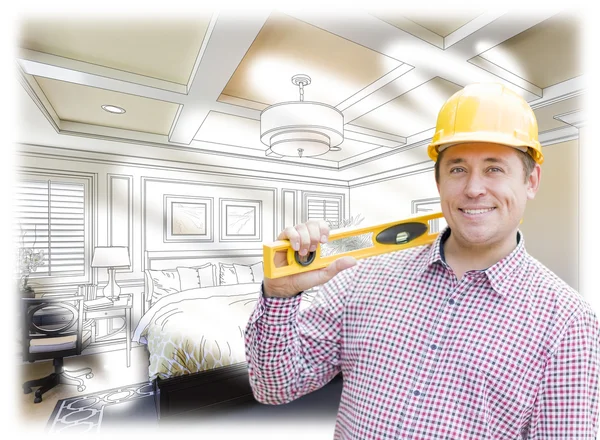 Contractor in Hard Hat Over Custom Bedroom Drawing and Photo — Stock Photo, Image