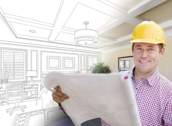 Appaltatore in Hard Hat su disegno camera da letto personalizzato e foto — Foto Stock