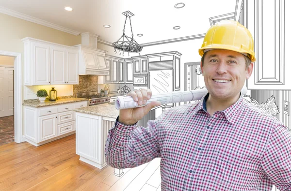 Contractor in Hard Hat Over Custom Kitchen Drawing and Photo — Stock Photo, Image