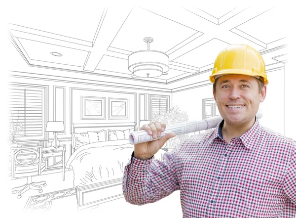 Aannemer in Hard Hat Over aangepaste slaapkamer tekening — Stockfoto