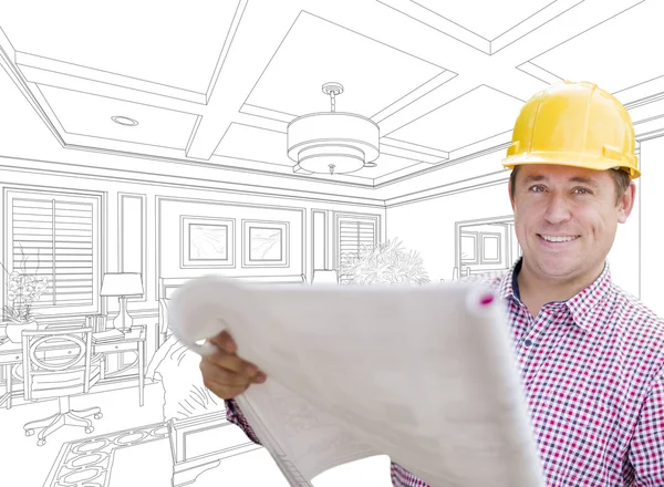 Aannemer in Hard Hat Over aangepaste slaapkamer tekening — Stockfoto