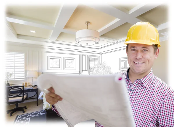 Aannemer in Hard Hat Over aangepaste slaapkamer tekening en foto — Stockfoto