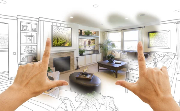 Handen uitwerking van aangepaste woonkamer tekening fotograferen combinatie — Stockfoto
