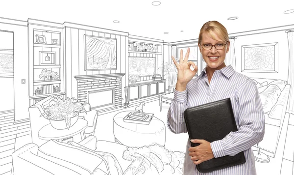 Mujer con signo de Okay sobre sala de estar dibujo foto — Foto de Stock