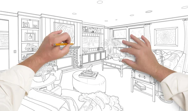 Çizim özel oturma odası tasarımı üzerinde beyaz eller — Stok fotoğraf