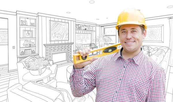 Contractor in Hard Hat Over Custom Living Room Drawing — Stock Photo, Image