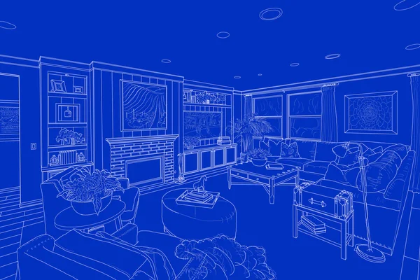 Desenho de linha branca no azul de uma sala de estar personalizada — Fotografia de Stock