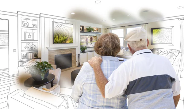 Senior paar kijkt uit Over aangepaste woonkamer ontwerp tekening Pho — Stockfoto