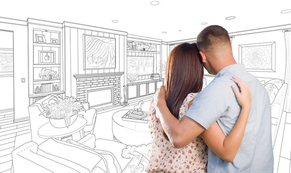 Military Couple Looking Over Custom Living Room Design Drawing — Stock Photo, Image