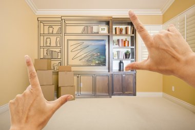 Hands Framing Drawing of Entertainment Unit Gradating Into Photo clipart