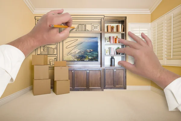 Handen tekenen vermakelijkheid Unit In kamer met Verhuisdozen — Stockfoto