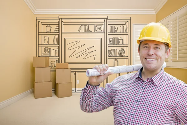 Trabalhador de construção masculino no quarto com desenho de entretenimento U — Fotografia de Stock